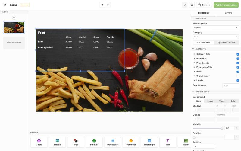 De DigiMenuBox-editor: een menubord met friet en prijzen per formaat, met links de slides, onderin de widgets en rechts de instellingen van de geselecteerde prijslijst.